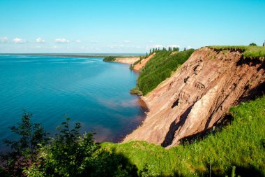 Andoma Cape with Andoma Hill at Onega Lake, Vologda region, Russia. Natural background view. Text copy space.