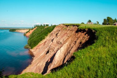 Andoma Cape with Andoma Hill at Onega Lake, Vologda region, Russia. Natural background view. Text copy space.