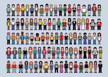 100 piksel sanat insanların avatarları, video oyun stili vektör çizim seti