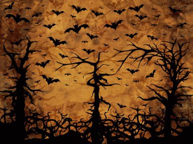 Cadılar Bayramı ağaçlar - yarasalar ve saatler, Sepya arka plan