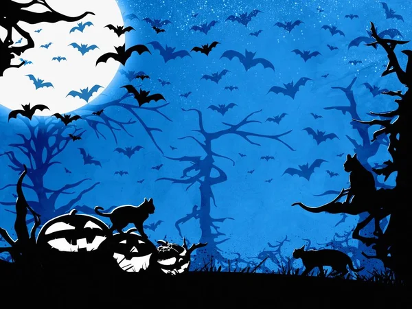 Cadılar Bayramı partisi mavi arka plan, ağaçlar, yarasalar, kediler ve kabaklar — Stok fotoğraf