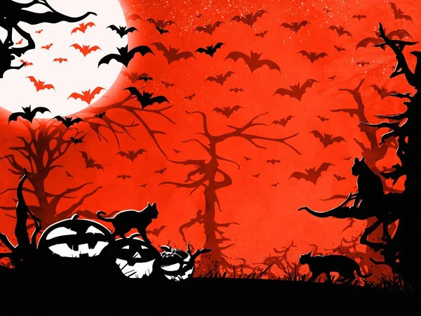 Halloween party sfondo rosso, alberi, pipistrelli, gatti e zucche — Foto Stock