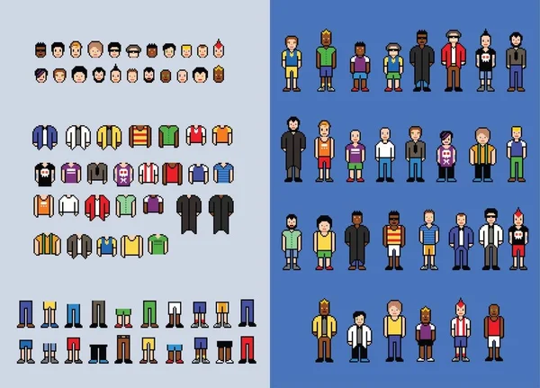 Pixel art man avatar Maker, instellen van video game stijlelementen, vectorillustratie — Stockvector