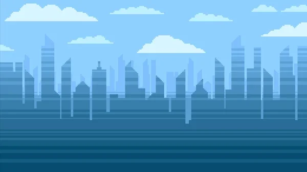 Azul da cidade arranha-céus fundo, pixel arte vídeo game estilo ilustração —  Vetores de Stock