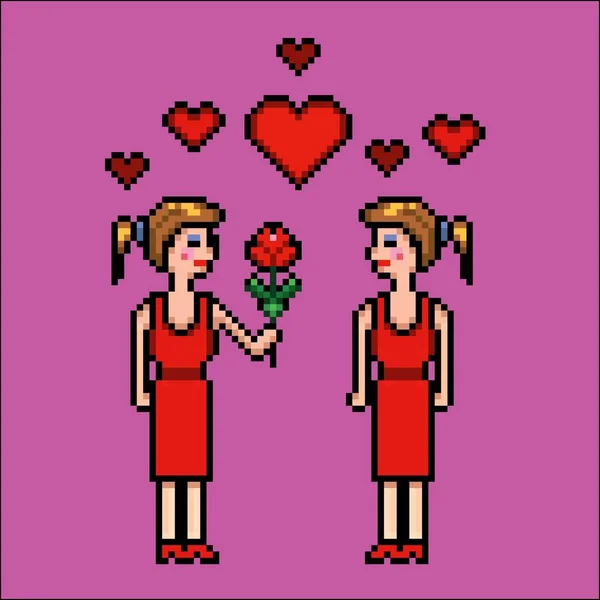 Mädchen schenkt Freundin Blume, Pixel Art Vektor Illustration — Stockvektor