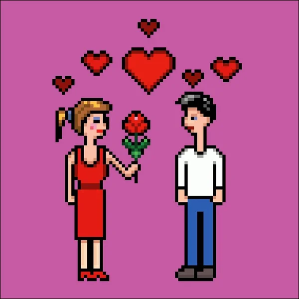 Lány ad virág fiút, Valentin-nap, pixel art vektoros illusztráció — Stock Vector
