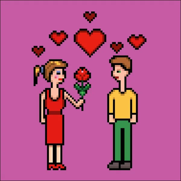 Frauen schenken einem Mann Blumen, Valentinstag, Pixel Art Vektor Illustration — Stockvektor