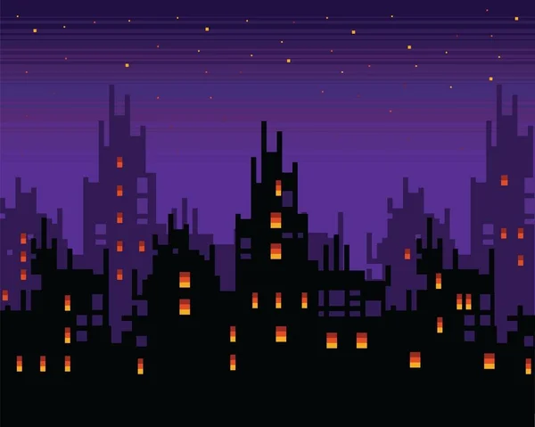 Achtervolgd stad bij nacht, spooky pixel kunst stad landschap, vectorillustratie achtergrond — Stockvector