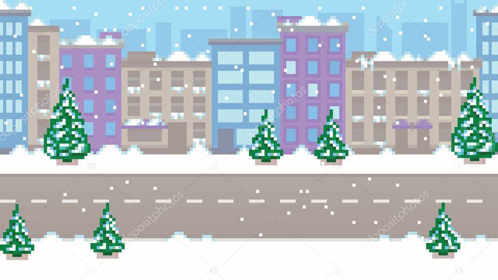 Pixel art empty winter city vector pattern background illustration