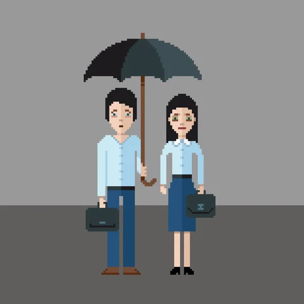 Trauriger Mann und Mädchen unter einem Regenschirm, Pixel-Art-Illustration — Stockvektor