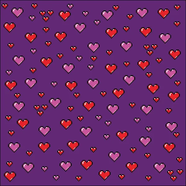 Pixel art hearts background, video game style illustration — Stock Vector