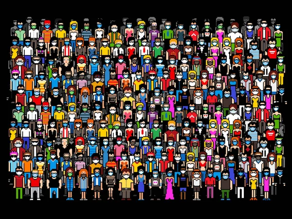 crowd of people wearing masks - quarantine virus threat, pixel art concept illustration