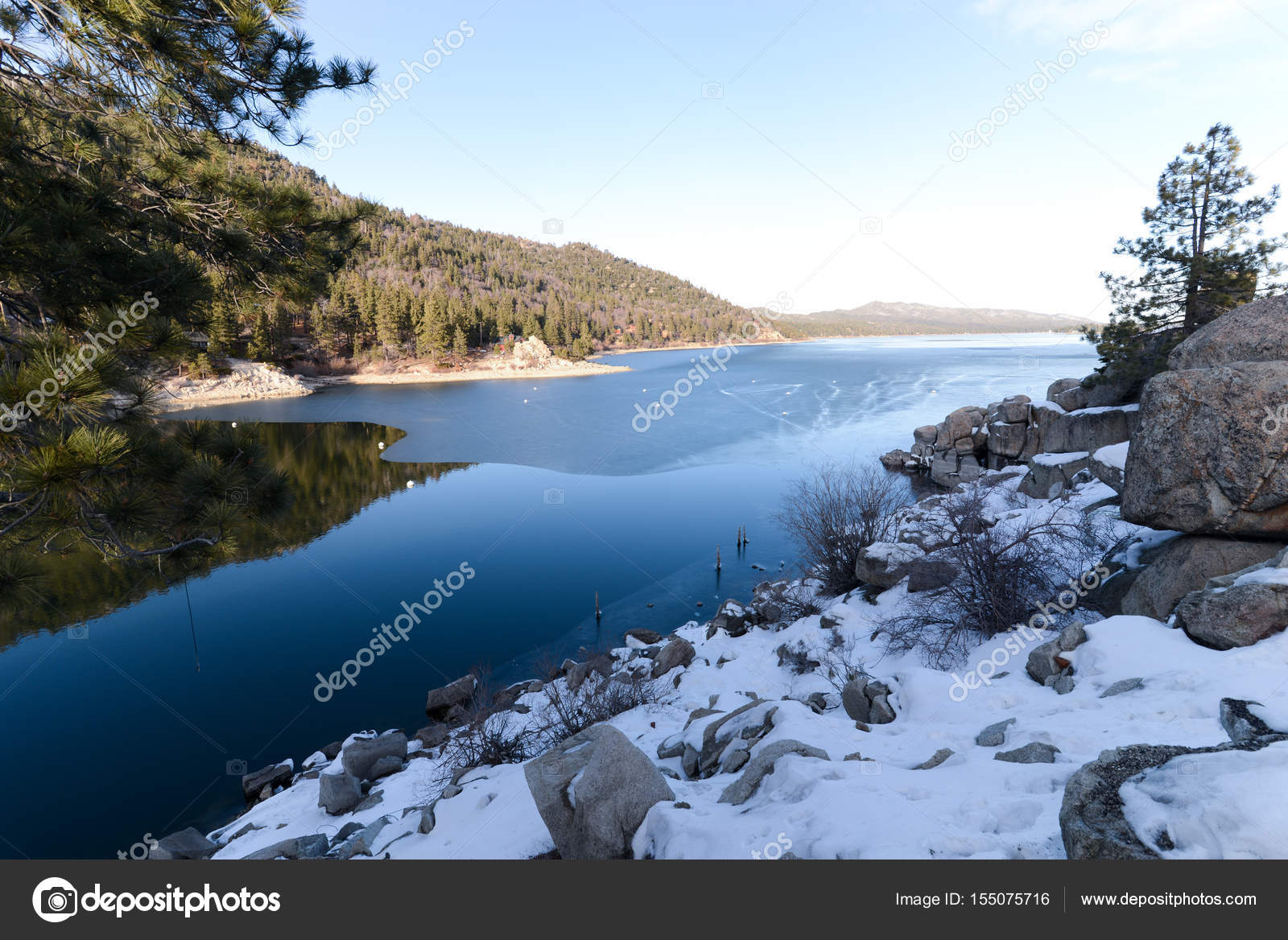 Big Bear Lake Winter Snow Fall Stock Photo by