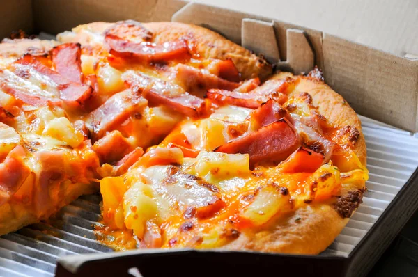 Close Pizzas Variety Toppings Cheese Cardboard Take Out Boxes Open — Stock Photo, Image