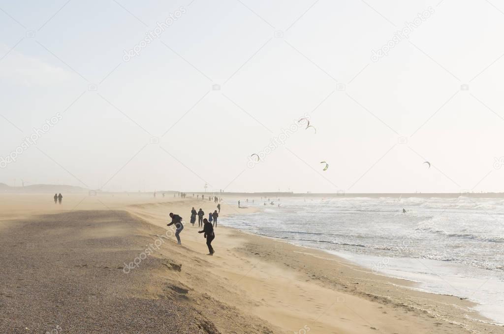people on stormy beach