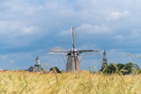 Campo de trigo com moinho — Fotografia de Stock