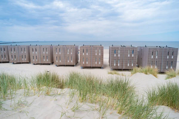 Hoek Van Holland Niederlande Mai 2018 Mehrere Hölzerne Ferienwohnungen Strand — Stockfoto