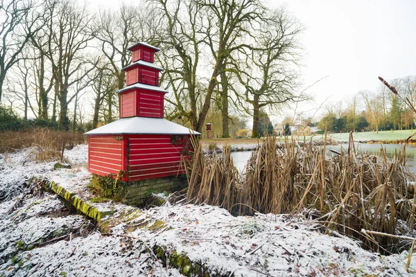 Artístico Casa Pato Vermelho Longo Uma Lagoa Paisagem Inverno — Fotografia de Stock