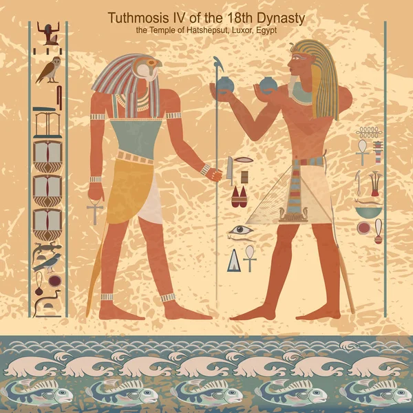Tuthmosis Iv és Horus, a Temple of Hatsepszut — Stock Vector