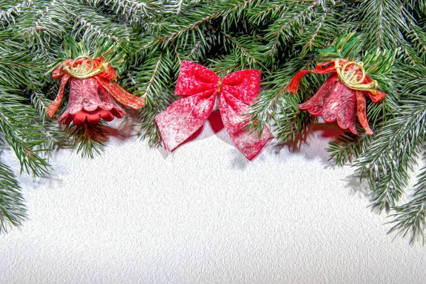Snowbound árbol de Navidad juguete arcos campanas blanco fondo aceite pai — Foto de Stock