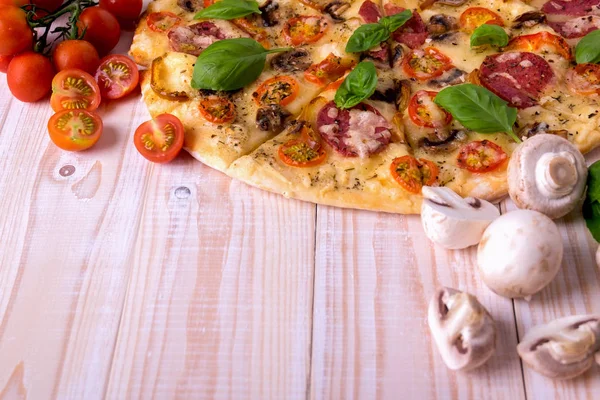 Salam sebze ve baharatlar ile pizzaya beyaz bir ahşap arka plan kopya alanı ile.