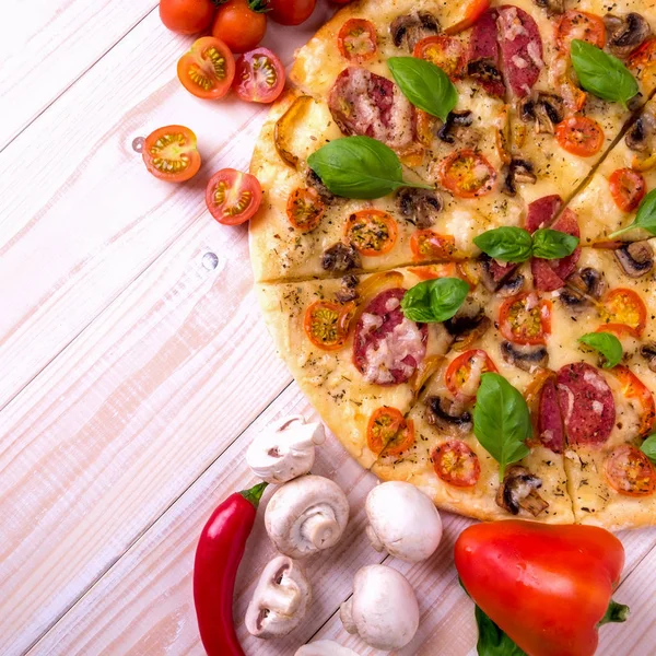 Salam sebze ve baharatlar ile pizzaya beyaz bir ahşap arka plan kopya alanı ile.