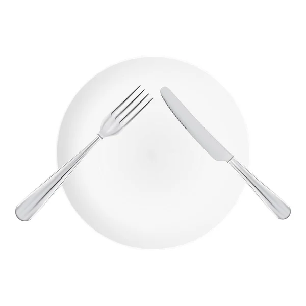 White Plate With Fork And Knife. Top View Isolated On A White Background. — Stock Vector