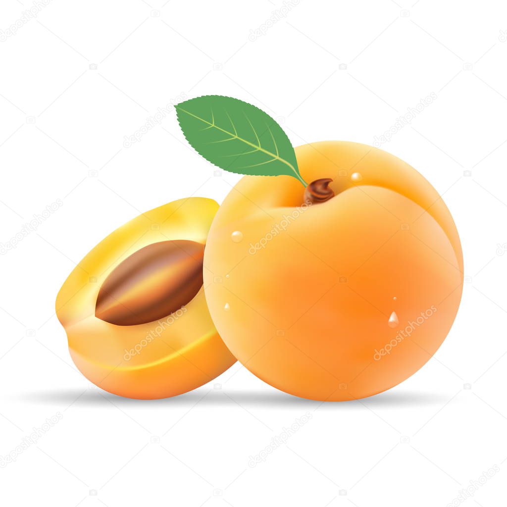 Group Of Ripe Sliced Apricot With Leaves Isolated On A White Background.