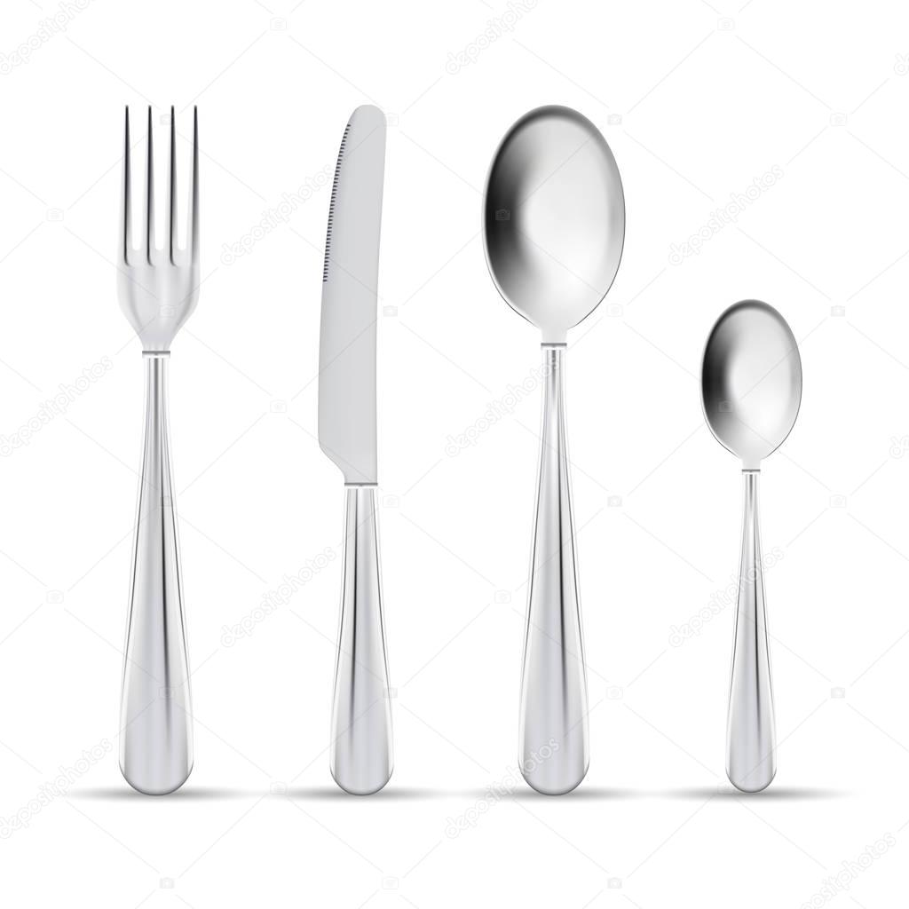 Vector Cutlery Set Of Silver Forks Spoons And Knifes Isolated On A White Background.