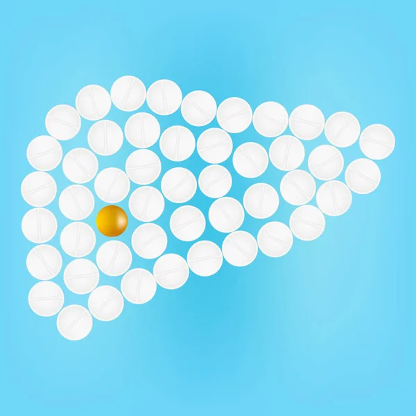 Foie humain avec des pilules isolées sur un fond Illustration vectorielle réaliste . — Image vectorielle