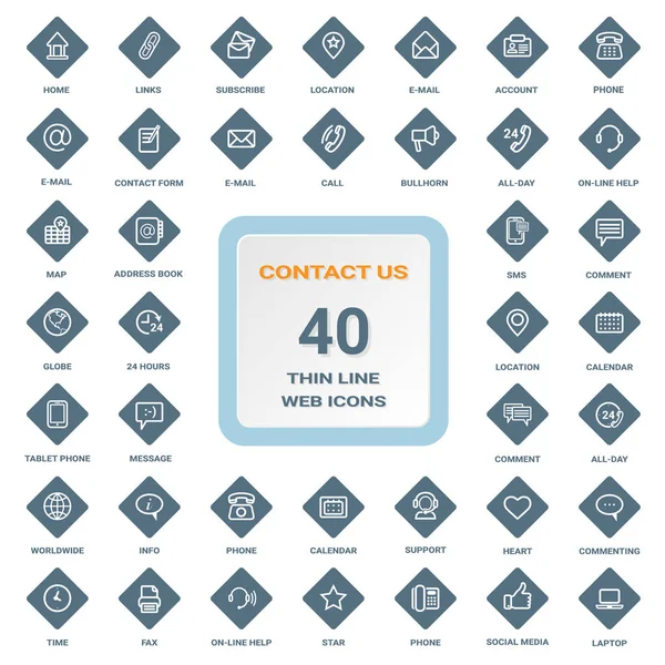 Kontaktujte nás - tenká linie webových ikon na štíty Rhombus izolovaných na pozadí. Sada ikon. — Stockový vektor