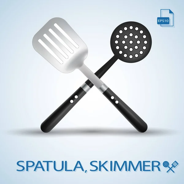 Kuchyňské nářadí-překřížené špachtle a Skimmer izolované na pozadí. Vektorové ilustrace. — Stockový vektor