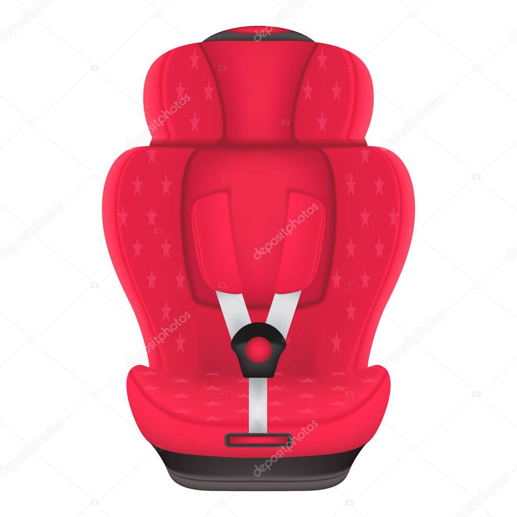 Red Child Car Seat With Stars Isolated On A White Background. Realistic Vector Illustration.