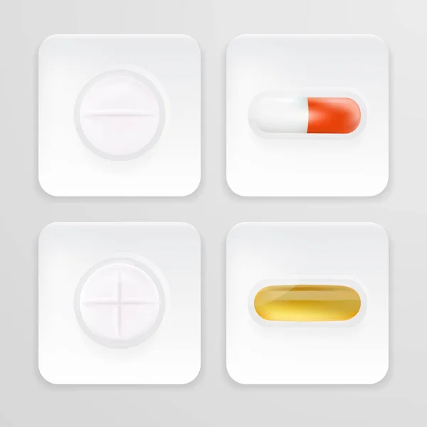Paket 3d Untuk Obat Penghilang rasa sakit, Antibiotik, Vitamin Dan Tablet Aspirin. Set Of White Blisters Realistic Icons With Pills And Capsules Isolated On A Background (dalam bahasa Inggris). Ilustrasi Vektor . - Stok Vektor