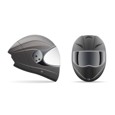 Yüksek kaliteli ışık gri motosiklet kask. Beyaz bir arka plan üzerinde izole ön ve yan görünümü. Vektör çizim.