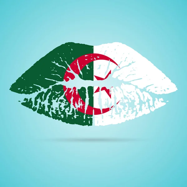 Lápiz labial de la bandera de Argelia en los labios aislado sobre un fondo blanco. Ilustración vectorial . — Vector de stock