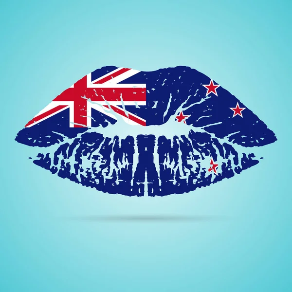 Neuseeland-Flagge Lippenstift auf den Lippen isoliert auf weißem Hintergrund. Vektorillustration. — Stockvektor