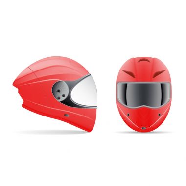 Yüksek kaliteli kırmızı motosiklet kask. Beyaz bir arka plan üzerinde izole ön ve yan görünümü. Vektör çizim.