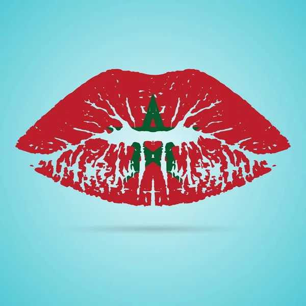 Lápiz labial de la bandera de Marruecos en los labios aislados sobre un fondo blanco. Ilustración vectorial . — Vector de stock