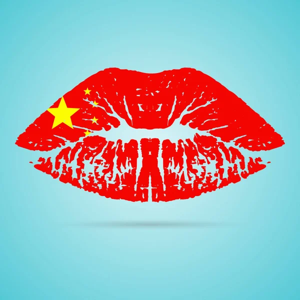 La Chine drapeau rouge à lèvres sur les lèvres isolé sur fond blanc. Illustration vectorielle. — Image vectorielle