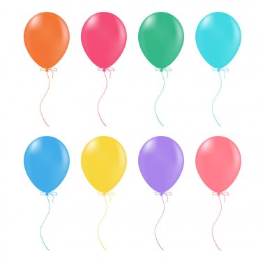 Çok renkli helyum balonlar. Parlak ve parlak hava Baloons beyaz bir arka plan üzerinde izole. Vektör çizim.