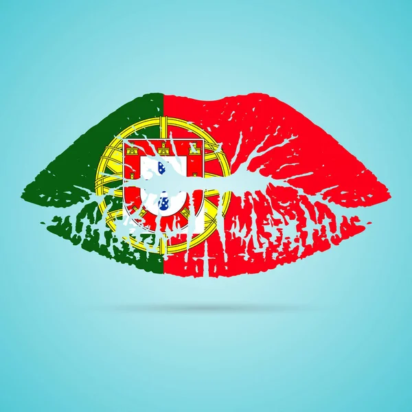 Portugal drapeau rouge à lèvres sur les lèvres isolé sur fond blanc. Illustration vectorielle. — Image vectorielle