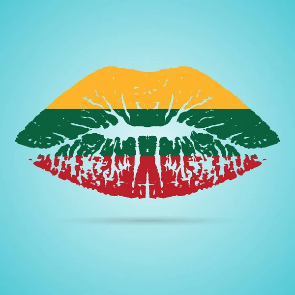 Lituania bandiera rossetto sulle labbra isolato su uno sfondo bianco. Illustrazione vettoriale . — Vettoriale Stock