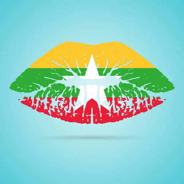 Lápiz labial de la bandera de Myanmar en los labios aislado sobre un fondo blanco. Ilustración vectorial . — Archivo Imágenes Vectoriales