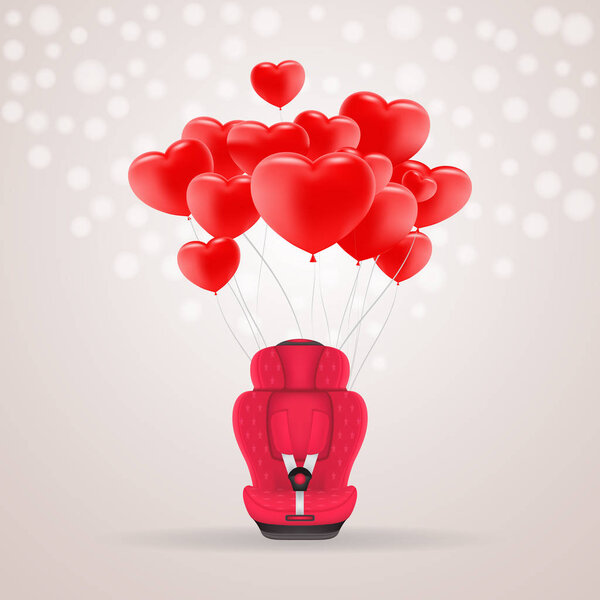 Red Child Car Seat With Red Baloons In Shape Of Heart Isolated On A Background. Vector Illustration.