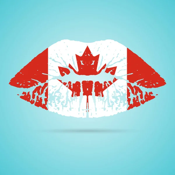 Il rossetto della bandiera del Canada sulle labbra isolato su uno sfondo bianco. Illustrazione vettoriale . — Vettoriale Stock