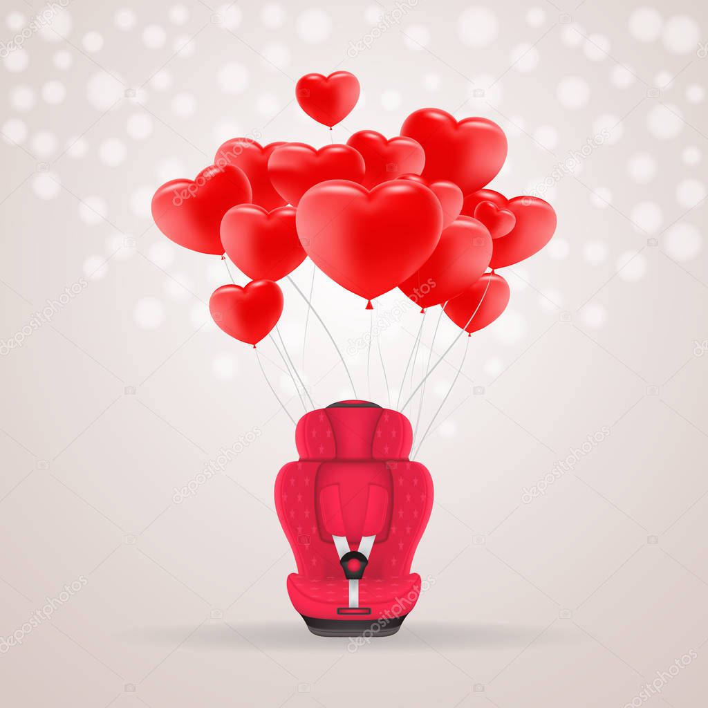Red Child Car Seat With Red Baloons In Shape Of Heart Isolated On A Background. Vector Illustration.