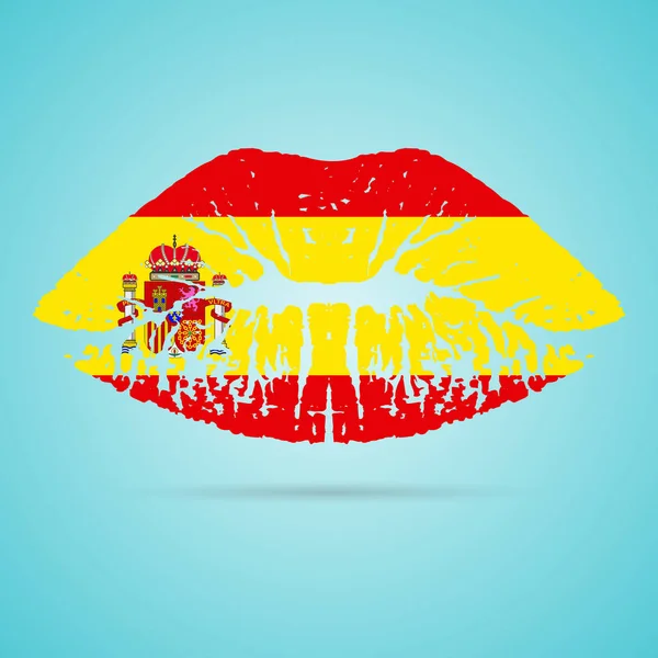 西班牙国旗口红孤立在白色背景上的嘴唇上。矢量图. — 图库矢量图片