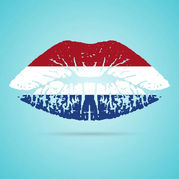 Lápiz labial de bandera holandesa en los labios aislado sobre un fondo blanco. Ilustración vectorial . — Vector de stock