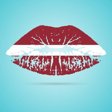 Letonya bayrağı ruj beyaz bir arka plan üzerinde izole dudaklarında. Vektör çizim.